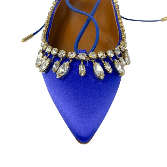 Aquazzura Royal Blue Crystal Embellished Satin Christy Jewel Flat - Picture 5 of 8